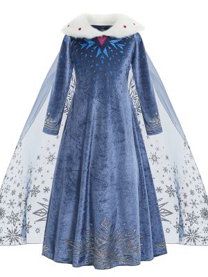 XYYEA Elsa fur collar blue children's tulle dress