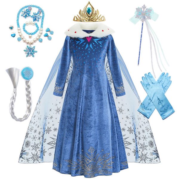 XYYEA Elsa fur collar blue children's tulle dress