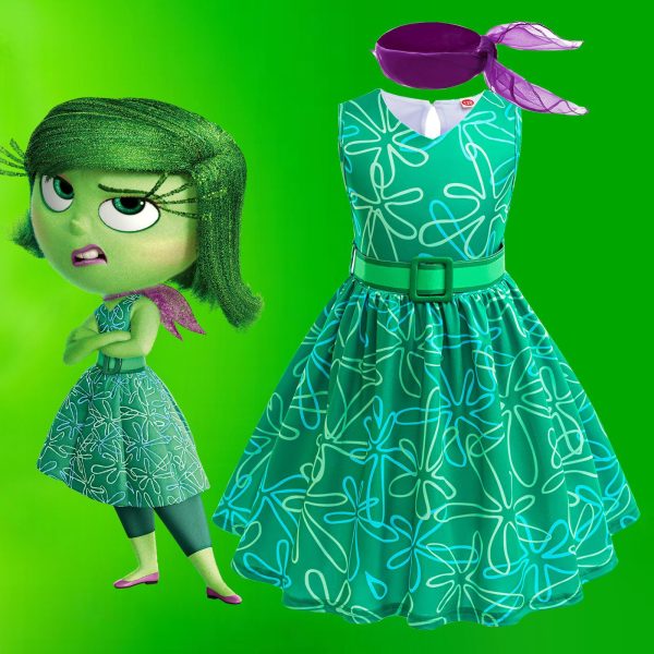Inside Out 2 Disgust Costume Girls Halloween Cosplay Princess Party Fancy Wig Scarf Belt Outfits