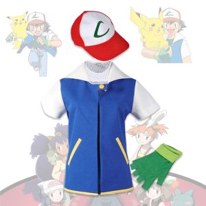 XYYEA Pokem-on Cosplay Anime Ash Ketchum Blue Jacket Costume Men's Trainer Set