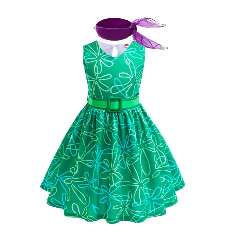 Inside Out 2 Disgust Costume Girls Halloween Cosplay Princess Party Fancy Wig Scarf Belt Outfits