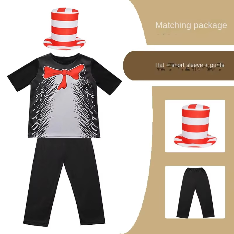 XYYEA Book Day Red White Stripe Dr Suess Kids Clothes Cat in The Hat Costume Hat Gloves Kit
