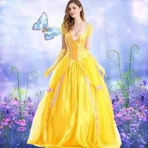Adult Yellow Beast Princess Belle Costume Halloween Cosplay Masquerade Bell Court Queen Roles Sui