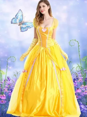 Adult Yellow Beast Princess Belle Costume Halloween Cosplay Masquerade Bell Court Queen Roles Sui