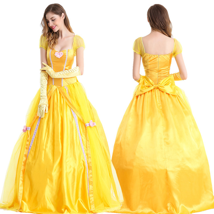 Adult Yellow Beast Princess Belle Costume Halloween Cosplay Masquerade Bell Court Queen Roles Sui