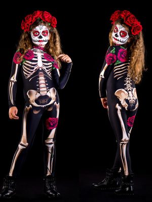 Halloween Scary Skeleton Costume Kids Family Horror Skull Jumpsuit Carnival Party