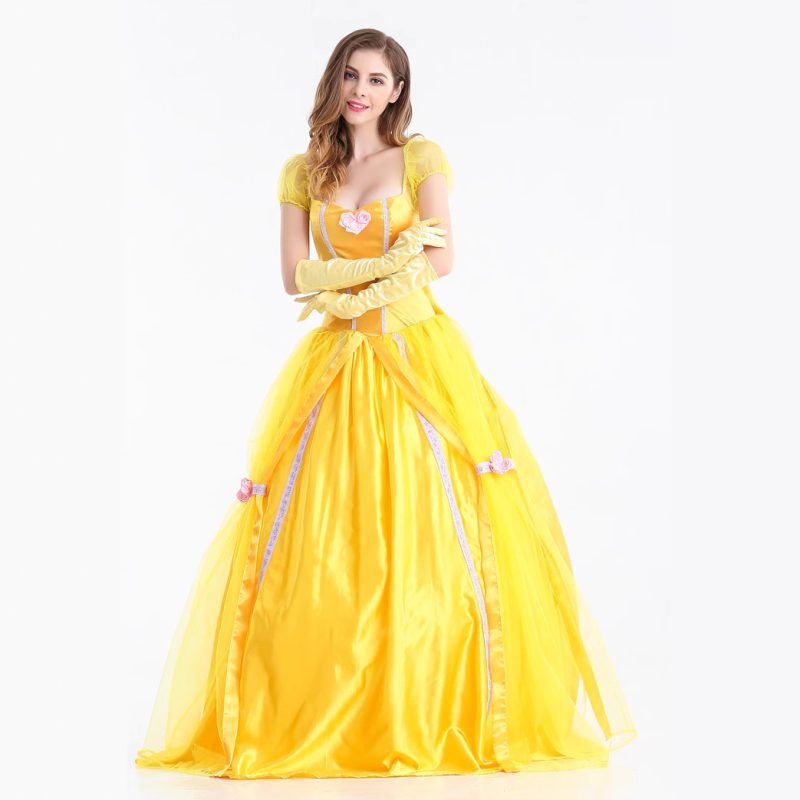 Adult Yellow Beast Princess Belle Costume Halloween Cosplay Masquerade Bell Court Queen Roles Sui