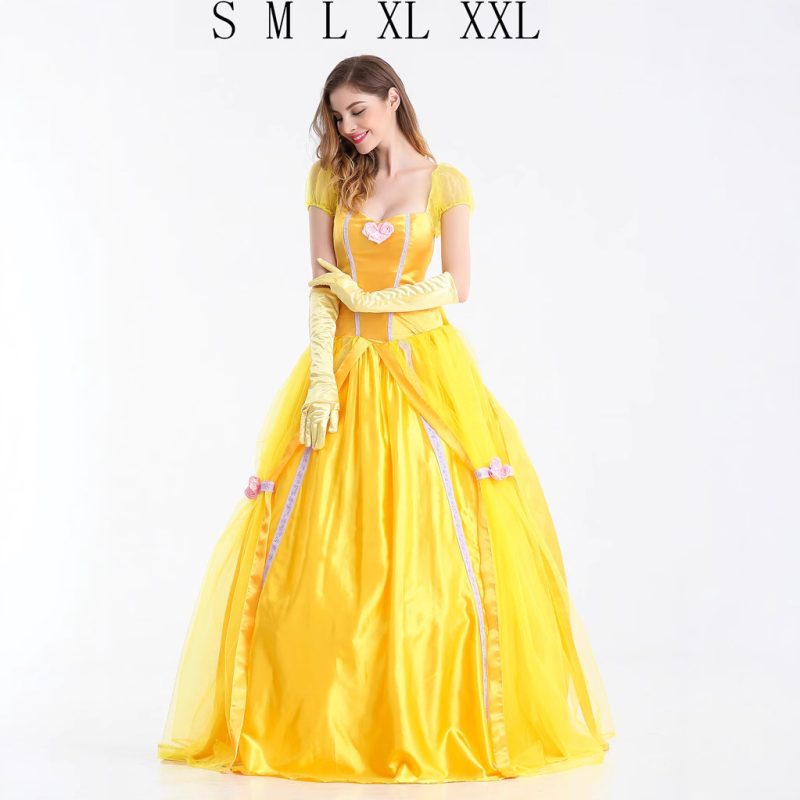 Adult Yellow Beast Princess Belle Costume Halloween Cosplay Masquerade Bell Court Queen Roles Sui