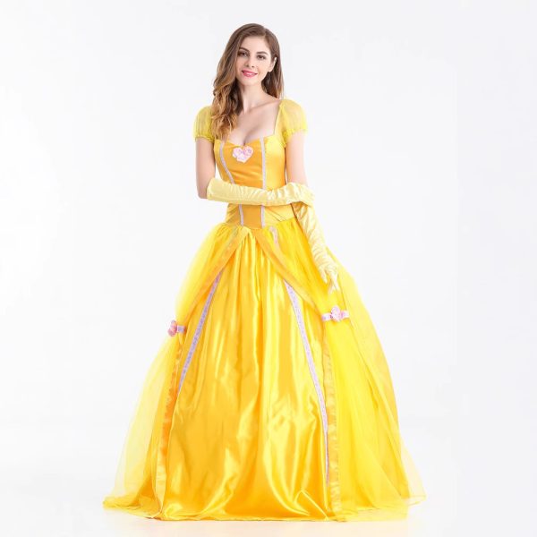 1 (4) Adult Yellow Beast Princess Belle Costume Halloween Cosplay Masquerade Bell Court Queen Roles Sui