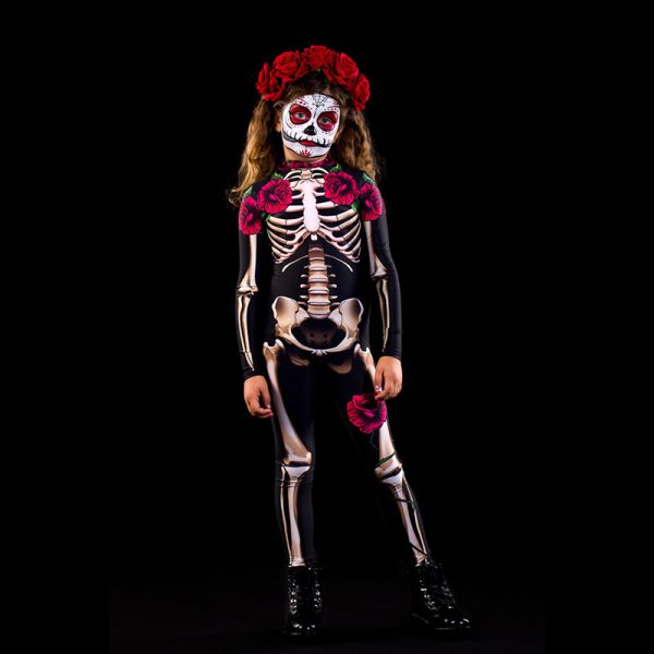 1 (4) Halloween Scary Skeleton Costume Kids Family Horror Skull Jumpsuit Carnival Party