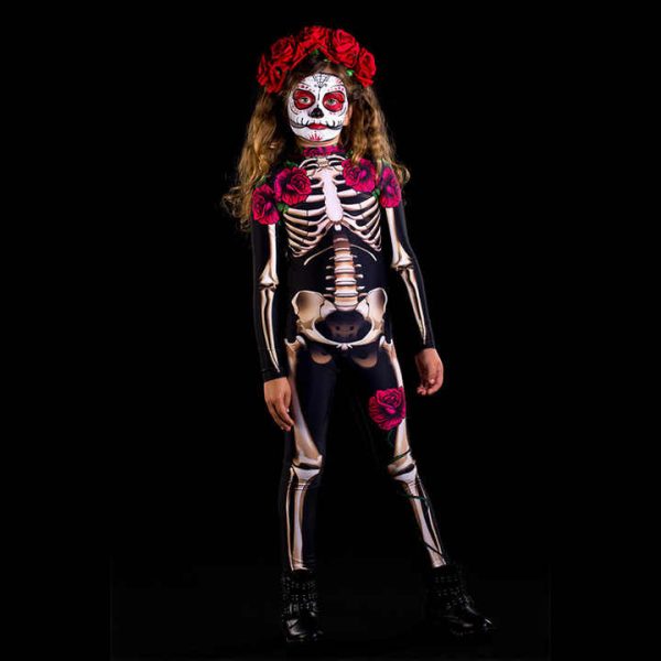 1 (5) Halloween Scary Skeleton Costume Kids Family Horror Skull Jumpsuit Carnival Party
