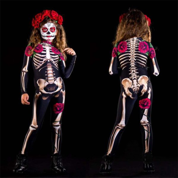 1 (6) Halloween Scary Skeleton Costume Kids Family Horror Skull Jumpsuit Carnival Party