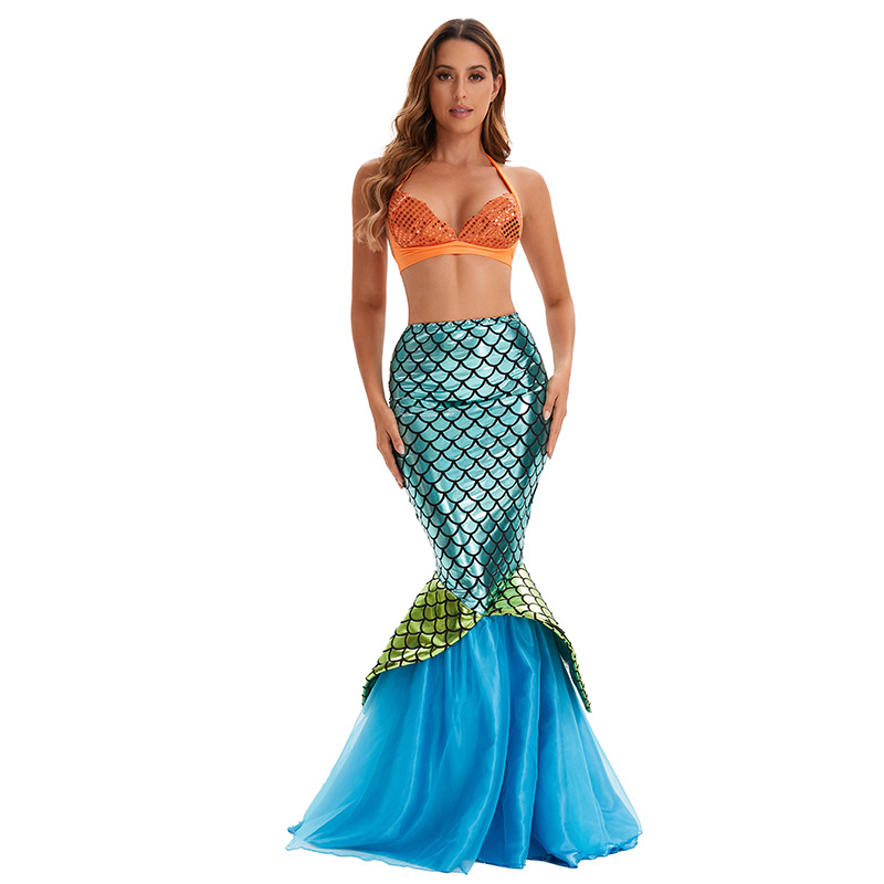 Halloween Costumes Colorful Mermaid Sequin Princess Dress Fishtail Cosplay Mermaid Skirt Kit Adult